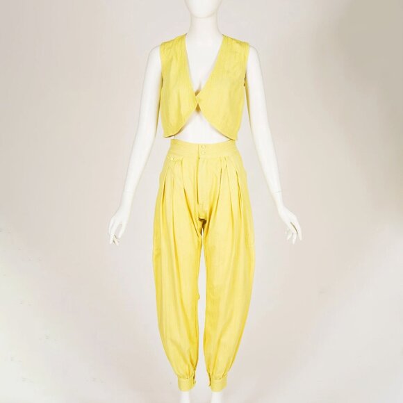 1970s 1980s Vintage Yellow Cotton Vest & Harem Pant Set Sz XS - Picture 1 of 7